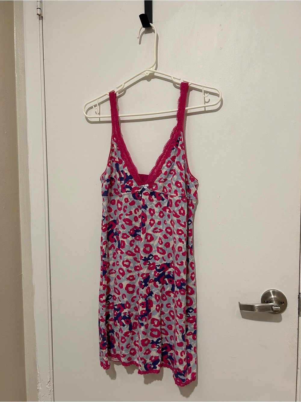 Pink & blue leopard print lace trim babydoll dress
